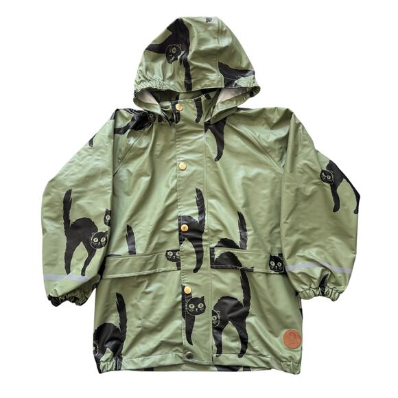 Mini Rodini Kid's Catz Rain Jacket Recycled Material Black Cat Size 8-9y Green - Picture 1 of 12